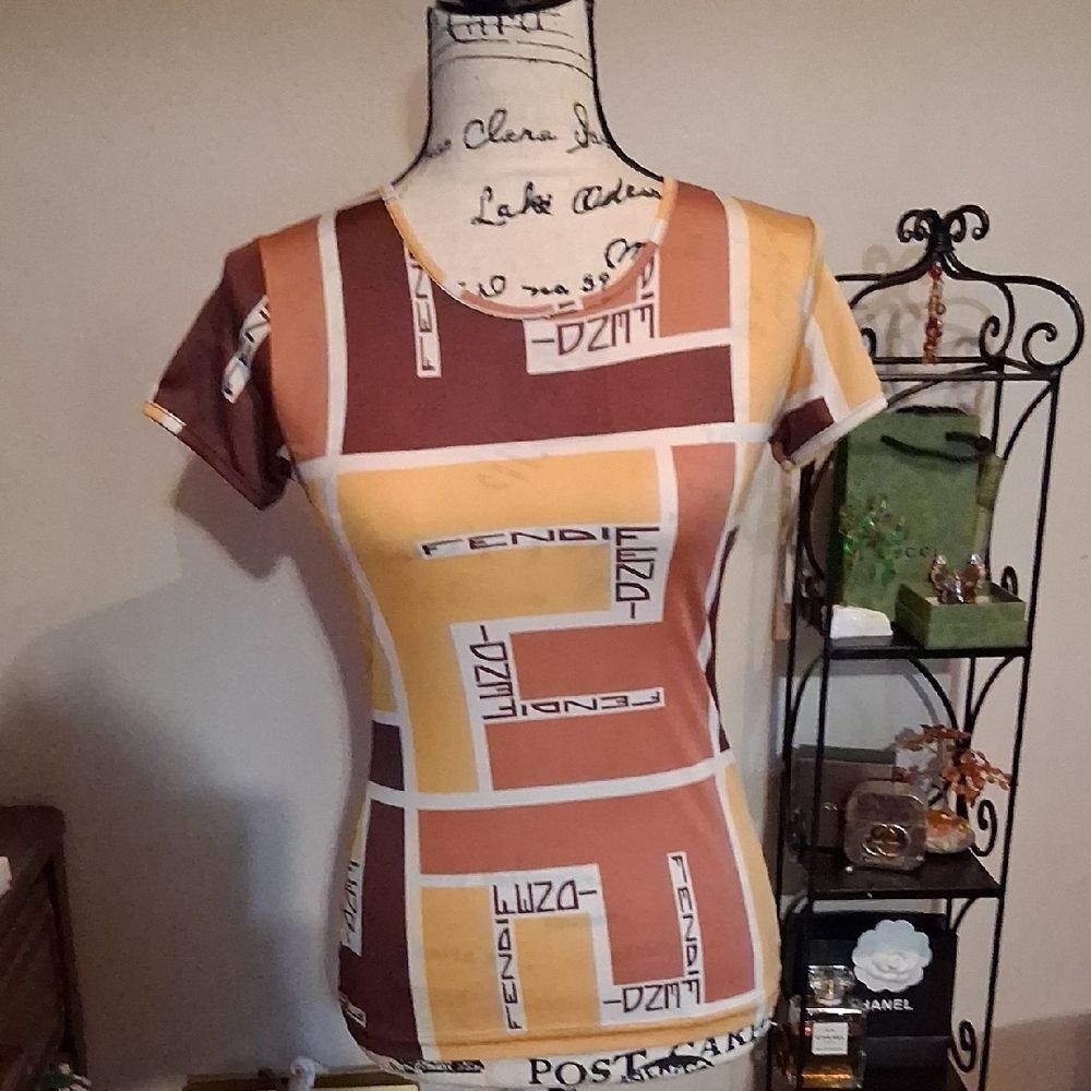 RARE! VINTAGE FENDI Women's Brown and Yellow Graphic Tee Size 42 Small/medium